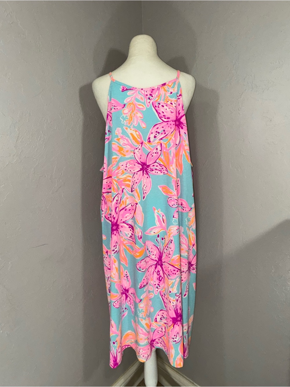 Lilly Pulitzer Aqua Midi Dress with Pink & Coral Floral Print. Women.